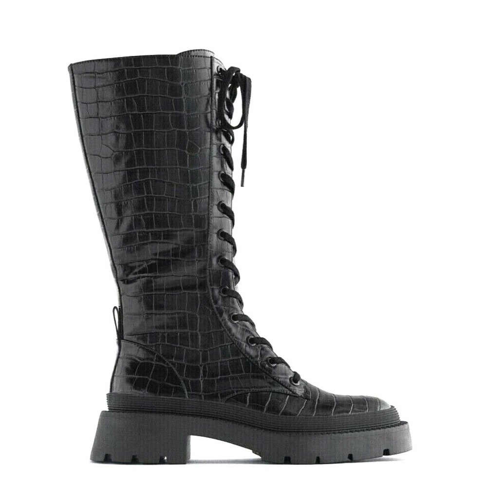 Zara Black Crocodile-Pattern Lace-Up Boots NWT